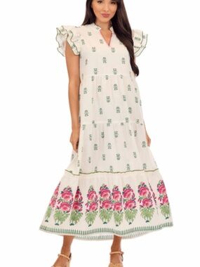 Mud Pie White Maxi Dress with Pink Floral Border